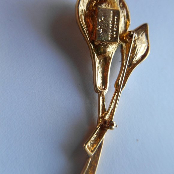 Vintage Calla Lily Large Brooch Pin Gold Tone Faux Pearls Rhinestones Flowers - Picture 2 of 3